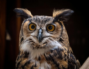 Obraz premium A proficient great horned owl (Bubo virginianus) perched against a dark background, highlighting its sharp features and intense gaze