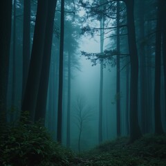 Mystical forest with glowing mist and towering ancient trees