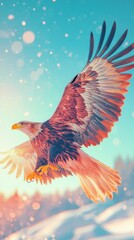 Obraz premium A majestic bald eagle soars through the air, its wings outstretched against a backdrop of a snowy landscape and a vibrant blue sky.