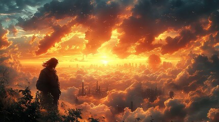 Obraz premium Sunset Cityscape in the Clouds - Dramatic Fantasy Artwork
