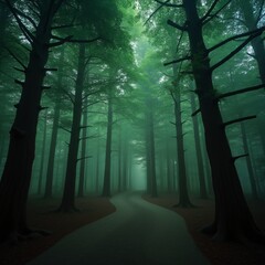 Fototapeta premium Mystical forest with glowing mist and towering ancient trees