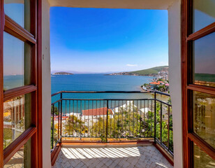 Fototapeta premium Beautiful view of the Aegean sea from the balcony of the house in Marmaris, Türkiye