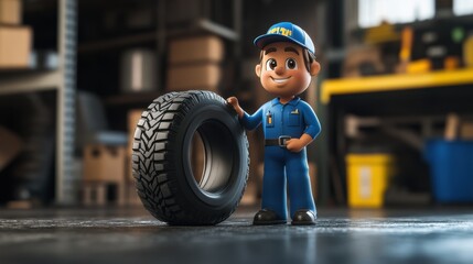 Cheerful Cartoon Mascot with a Tire in Workshop