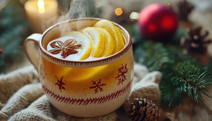 A classic Christmas hot toddy with lemon and honey, steaming in a holiday mug