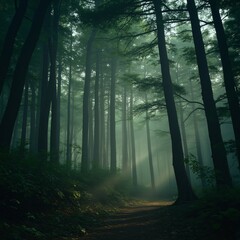 Mystical forest with glowing mist and towering ancient trees