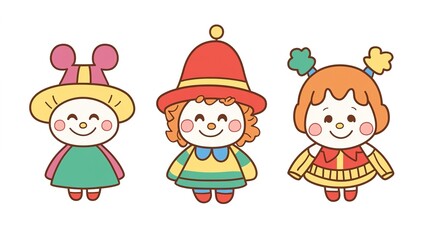 Fototapeta premium Set of 3 cute clown icons in Korean cartoon sketch style, featuring simple lines and flat illustrations on a white background. Each clown has a symmetrical layout with circular contours, bright tones,