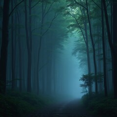Obraz premium Mystical forest with glowing mist and towering ancient trees