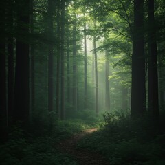 Obraz premium Mystical forest with glowing mist and towering ancient trees