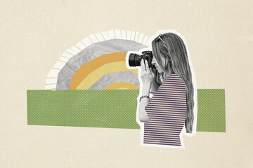 Creative collage poster young woman photographer paparazzi camera shooting hobby landscape nature...