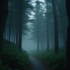 Mystical forest with glowing mist and towering ancient trees
