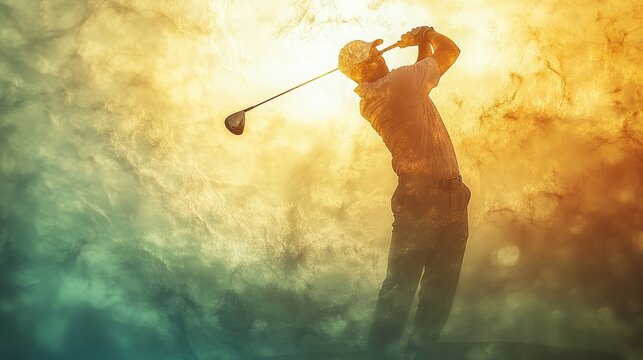 Double exposure of a golfer teeing off, blending into the texture of a golf ball on the green, with warm sunlight casting a serene glow over the entire scene