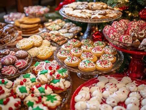A Christmas cookie exchange party with a table filled with colorful, decorated cookies and holiday treats
