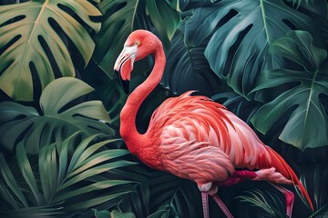 Obraz premium A flamingo standing in the middle of a jungle