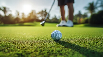 Close-up of a golfer's focused face as they complete a powerful swing, the ball soaring toward a meticulously maintained green near the pin
