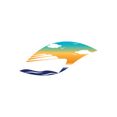 Sailing ship vector logo, gradient colors with leaf concept