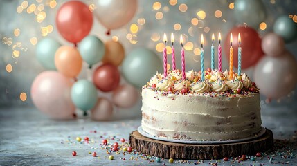 Festively decorated birthday cake with colorful candles and vibrant balloons, ideal for birthday parties, celebrations, and holiday events like Christmas and New Year.
