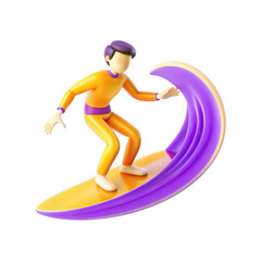 A stylized 3D model depicting a male surfer in vibrant orange and purple attire riding a wave. Represents a fun beach culture.