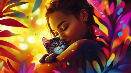 Naklejka premium Beautiful young woman with cute cat on color background.