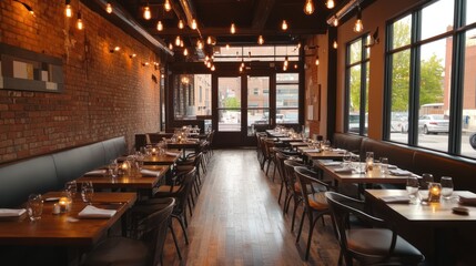 Empty Restaurant Interior with Exposed Brick Walls
