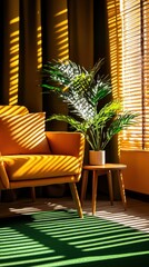 Bright living space with an orange chair and green plant under striped sunlight.