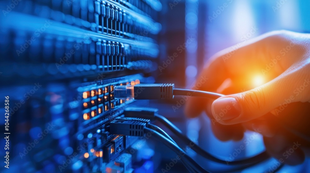 Poster close-up of a hand connecting a network cable to a server