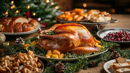 A traditional Christmas roast turkey surrounded by festive side dishes on a decorated table