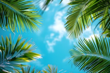 A group of palm trees with a blue sky in the background