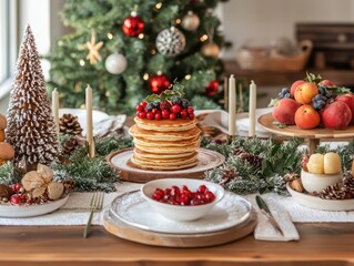 A Christmas breakfast setup with festive pancakes, fruit, and holiday-themed table decor