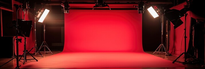 A Red Backdrop Studio with Lighting Equipment