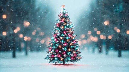 Brightly Lit Christmas Tree in Snowy Forest Setting