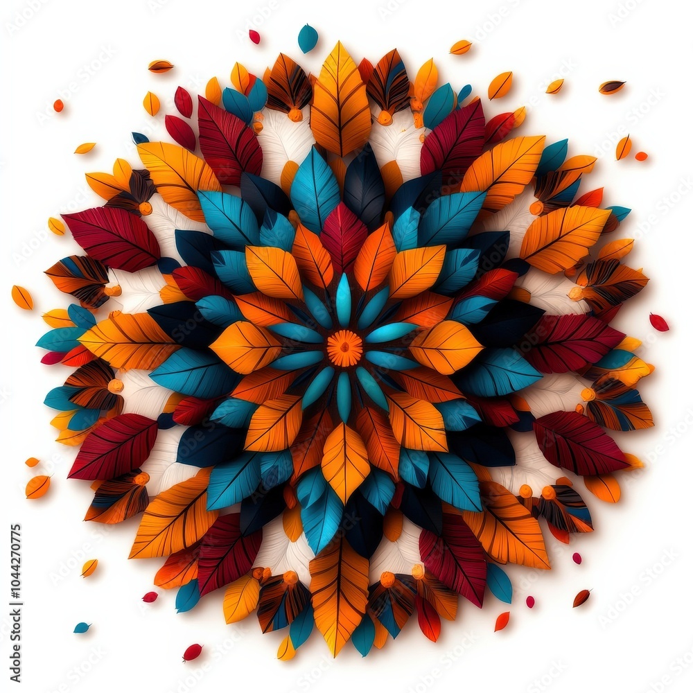 Poster Colorful mandala design made from vibrant autumn leaves, white isolate background.