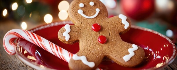 Whimsical gingerbread man with icing buttons and a candy cane, sitting on a festive plate