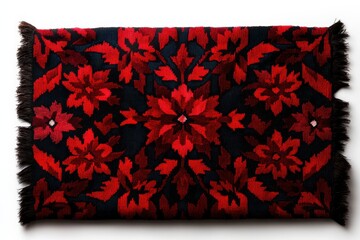 Colorful handmade rug with floral design against white isolated background.