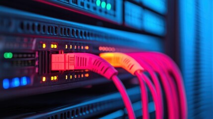 Naklejka premium Close-Up of Glowing Network Data Cables and Switches