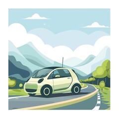 Naklejka premium A cute cartoon Style ofA modern electric car driving on a scenic highway
