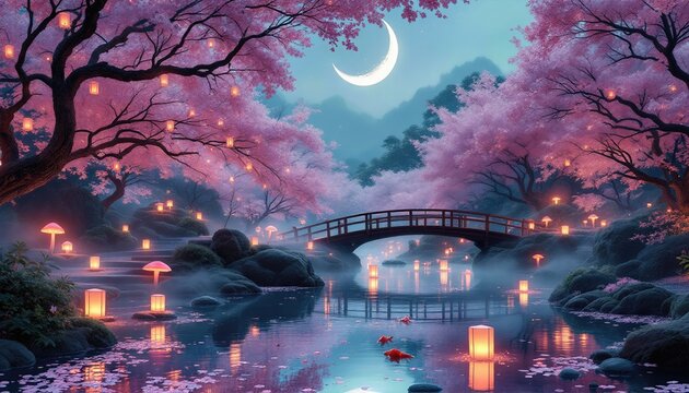 La lune &eacute;claire un pont japonais bord&eacute; de cerisiers en fleurs. Leur reflet dans l&rsquo;eau &eacute;tincelante ajoute une touche mystique &agrave; cette illustration, pleine de qui&eacute;tude et de d&eacute;licatesse.