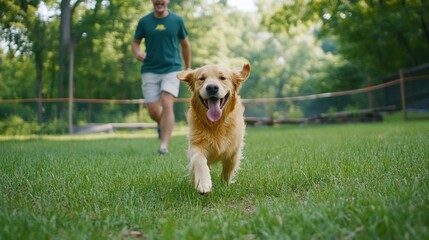 A Golden Retriever dog runs towards the camera with its owner in the background.
