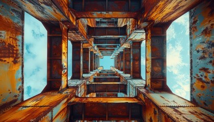 Bring to life the intricate details of rusted metal structures towering overhead in a low-angle perspective Illuminate the scene with unconventional lighting techniques to create a