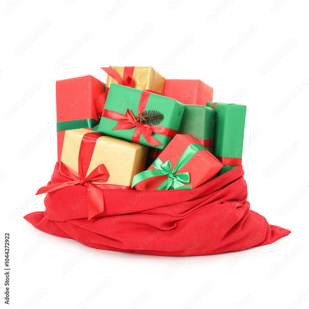 Poster Santa Claus bag full of presents isolated on white