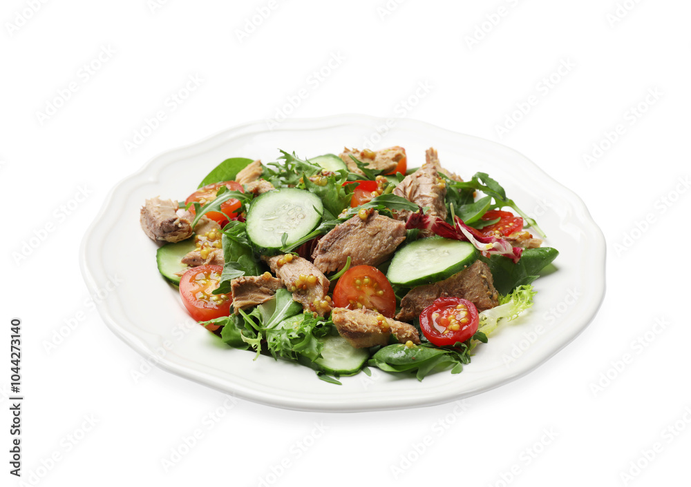 Sticker Delicious fresh tuna salad isolated on white