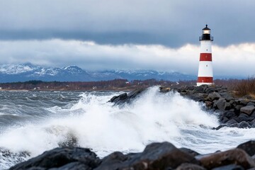 Obraz premium A red and white lighthouse stands tall on a rocky coast, with waves crashing against the shore.