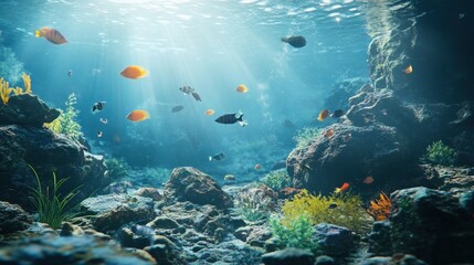 Sunlight beams through the clear blue water, illuminating colorful fish swimming over a vibrant coral reef.