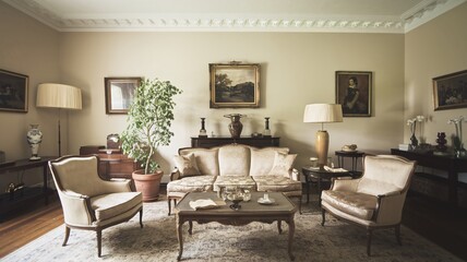 Classic Vintage A classic living room with a couch, two armchairs, two lamps, a potted plant, a coffee table, and several paintings on the wall.