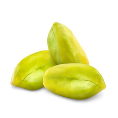 Shelled pistachios on white background. Tasty nut
