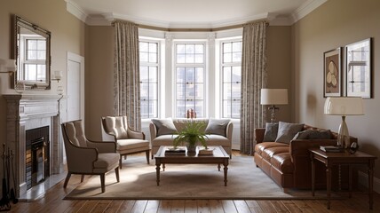 Classic Vintage A bright and airy living room with a fireplace, a large window, and comfortable furniture.