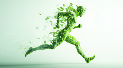 A person composed of green leaves running sideways against a white background, symbolizing green finance with a bright and clean aesthetic, enhanced by a green glow, representing the future of sustain