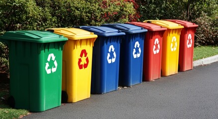 Colorful garbage cans in different colors, with recycling symbols on them, lined up along the street.
