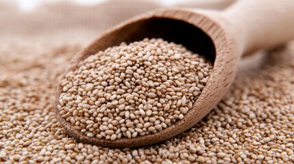 A wooden scoop filled with white quinoa seeds rests on a bed of more quinoa.