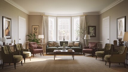 Classic Vintage A spacious living room with plush furniture, a coffee table, and a bay window.