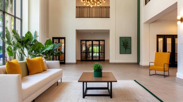 Modern Hotel Lobby with Elegant Chandeliers and Seating